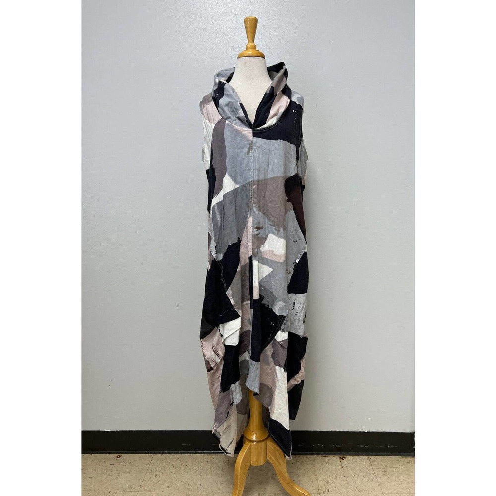 NWT ForCynthia Navy Multicolor Linen Blend Cowl Neck Maxi Dress Size L MSRP $120